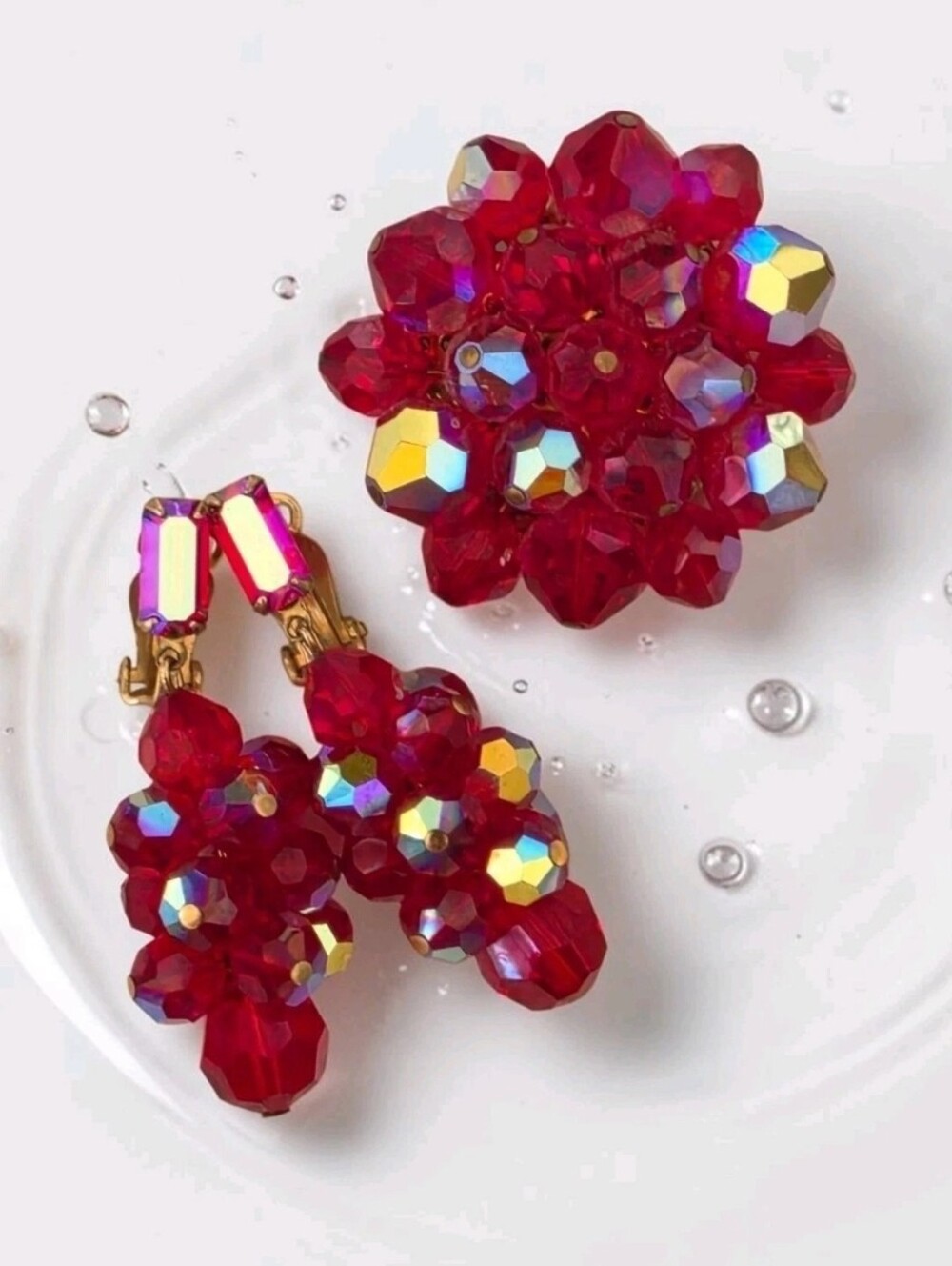 Vintage Signed Lewis Segal California Red AB Glass Drop Clip Earrings Brooch Set